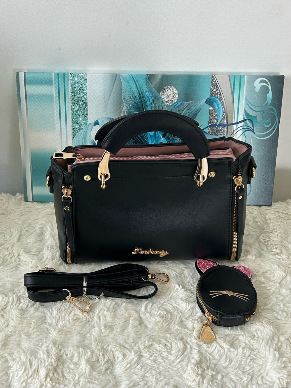 Black and Pink Structured Satchel Bag with Removable Strap